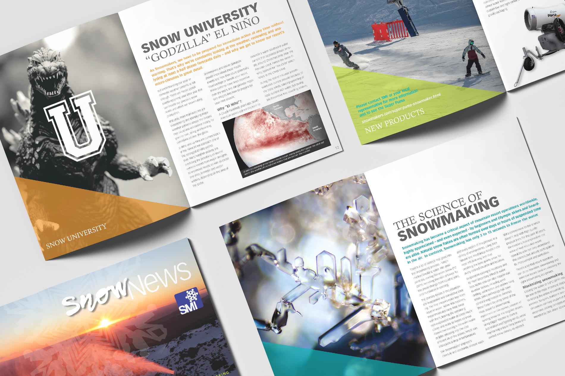 ip SMI SnowMakers Snow News Newsletter spreads mockup by Design Direction