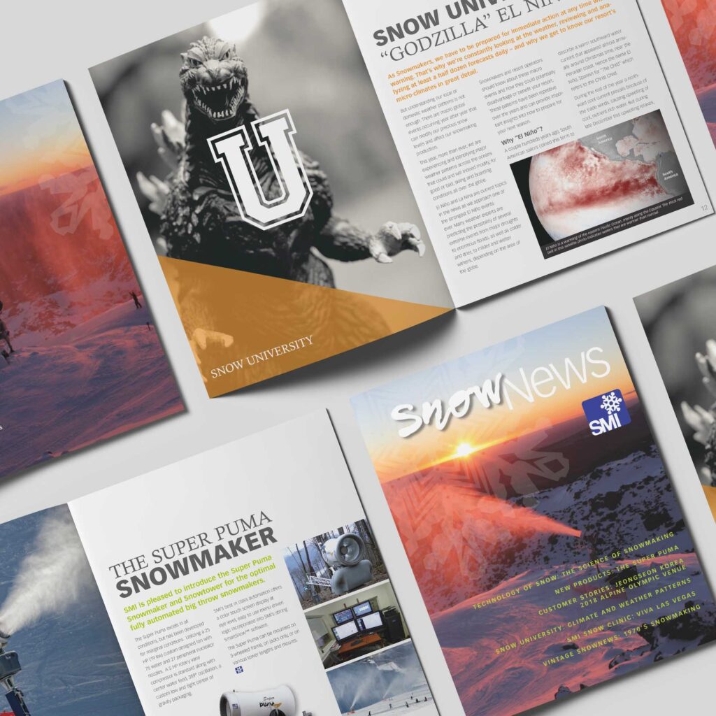 pm SMI SnowMakers Snow News Newsletter Cover and spread mockup by Design Direction